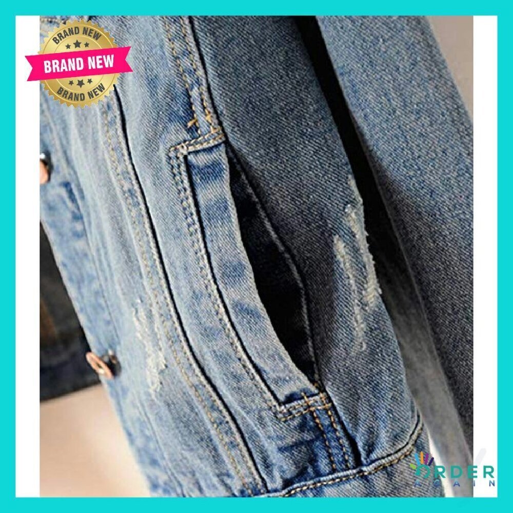 Distressed Ripped Denim Jacket Classic Vintage Trucker Fit Long Sleeve - Picture 6 of 8